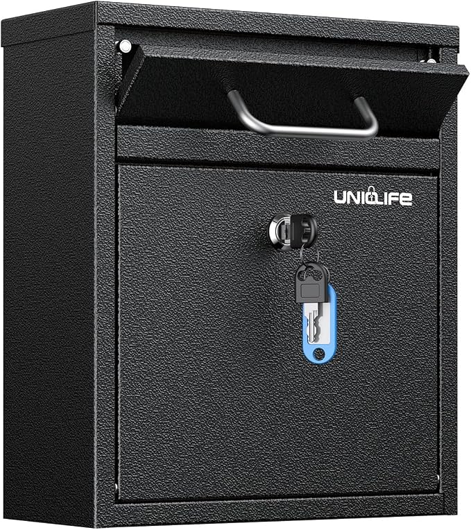 Uniclife Wall Mount Mailbox for Outside, Black Locking Mailbox | Anti-Theft Function, Heavy Duty, Small Mailbox with Key Lock, Safe Key Drop Box, Steel Cash Drop Box for Home Office, Black