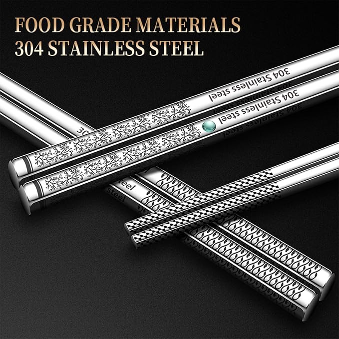 Metal Chopsticks Reusable 316 Stainless Steel Chopsticks Multipack Dishwasher Safe Chop Sticks Square Fancy Laser Engraved Non-slip Korean Chopstick for Cooking Eating 9.45 Inches 5 Pairs Gift SetS