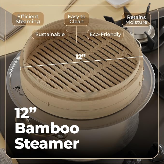 Bamboo Steamer Basket - Cook Delicious Meals with Authentic Flavor at Home | 12 Inch, 2 Tiers + 50 Liners, Chopsticks and Sauce Dish - Steam Family Portions of Dumplings, Bao and Vegetables at Once