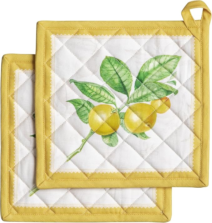 Maison d' Hermine Pot Holders 100% Cotton Potholders (8" x 8", Pack of 2) | Heat Resistant Hot Pads with Loop BBQ Cooking Baking Farmhouse Kitchen Handling Hot Pans Spring Summer - Limoncello