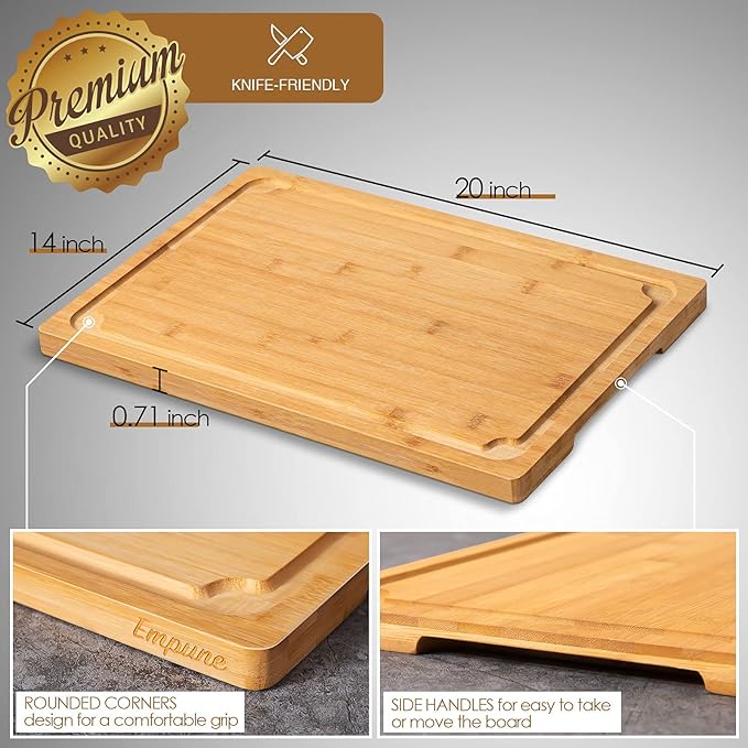 2XLarge Cutting Board, 20" Bamboo Cutting Boards for Kitchen with Juice Groove and Handles Kitchen Chopping Board for Meat Cheese board Heavy Duty Serving Tray, 2XL, Empune
