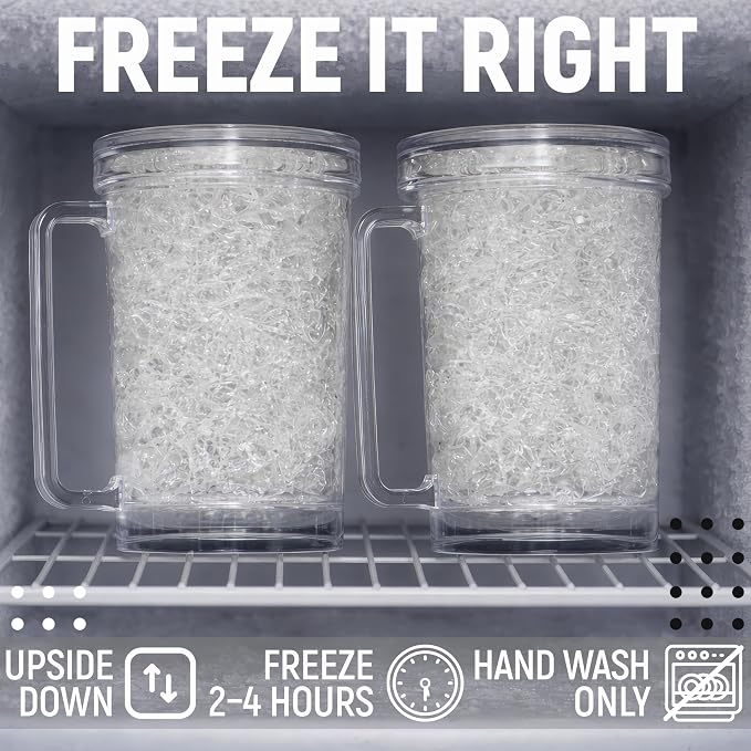 Granatan Freezer Beer Mugs Set of 4, 16 oz Double Wall Gel Mugs for Freezer, Acrylic Plastic Beer Stein with Handle, Ice Cold Glasses for Men, BBQ, & Pool Parties (Clear)