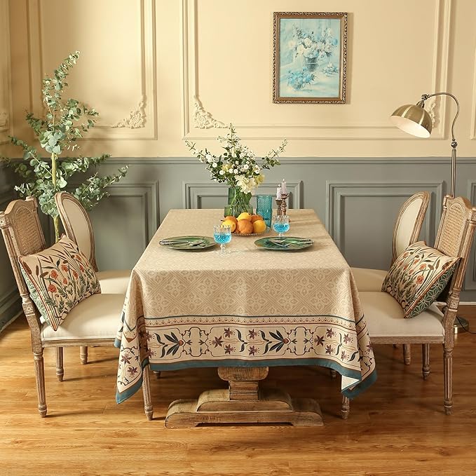 patdrea Designer Beige French Linen Tablecloth for Square Table,Anti-Wrinkle Durable Floral Table Cloth,Dacorative Cover for Kitchen Dining,Tea Party,Christmas,Thanksgiving,67"x67"-Fram