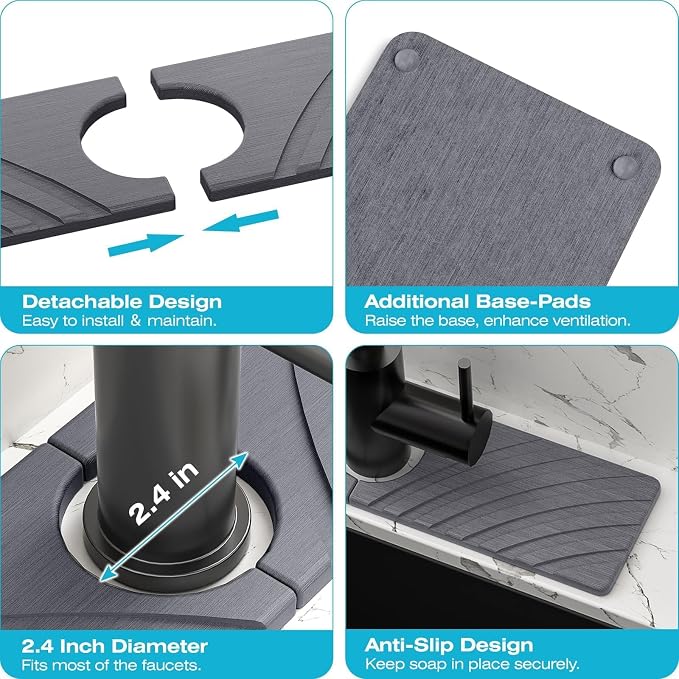 SpaceHacks Stone Faucet Mat for Kitchen Sink - Fast Drying Diatomite Stone Drying Mat, Textured Drainage Sink Protector, Water Splash Guard with Base Pads for Bathroom Counter (15.7x4 in, Dark Gray)