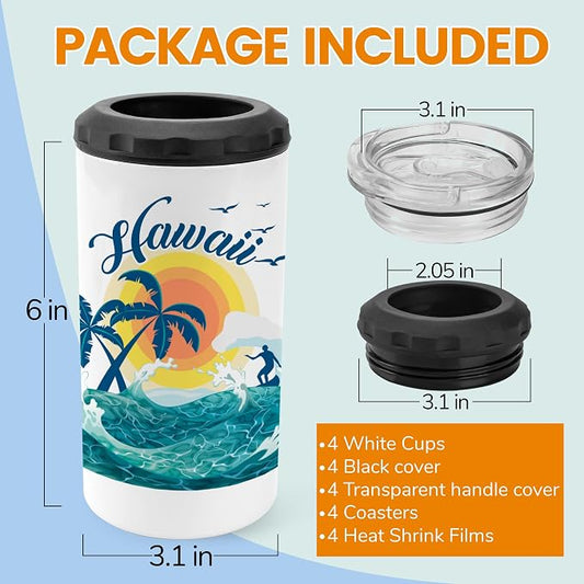 Joyclub 4 Pack 16oz Sublimation Beer Can Cooler Blanks 4 in 1 Stainless Steel Cups Double Wall Insulated Tumblers with Splashproof Lid, Non-slip Silicone Base