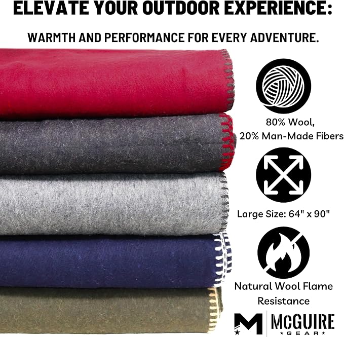 M MCGUIRE GEAR Heavy Duty Wool Blanket, Survival, Emergency, and First Aid Use – Mil-Spec, Fire Retardant, Durable Outdoor Wool Blankets for Camping. - Black, (64 x 90 inches)