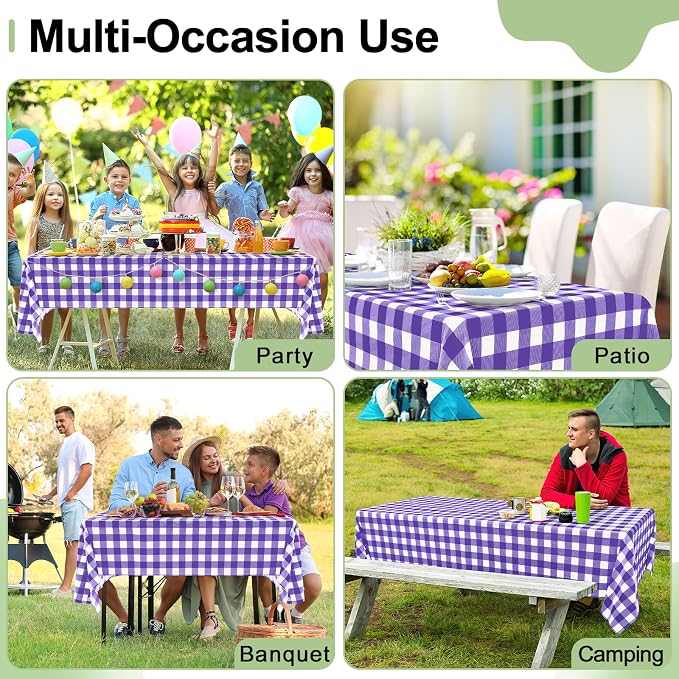 4 Packs Buffalo Disposable Table Cloth, 54 x 108 Inch Waterproof Plastic Tablecloth, Rectangle Purple and White Checkered Table Covers for Picnic, Birthday, Party, Back to School