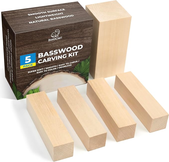 BeaverCraft Basswood Carving Blocks 5PCS Whittling Wood for Carving - Large, Small Wooden Blocks for Crafts, Unfinished Wood BW1