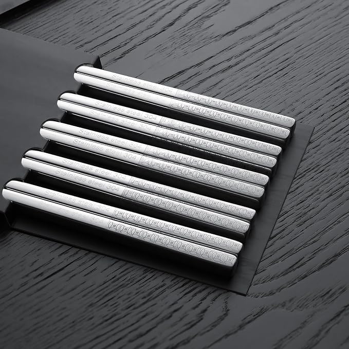 IQCWOOD Laser Engraved 18/8 Stainless Steel Chopsticks, 5 Pairs Reusable Dishwasher Safe Metal Chopsticks, Non-Slip Square Japanese Korean Style Chop Sticks for Cooking Eating, 9 1/4 Inches Gift Set