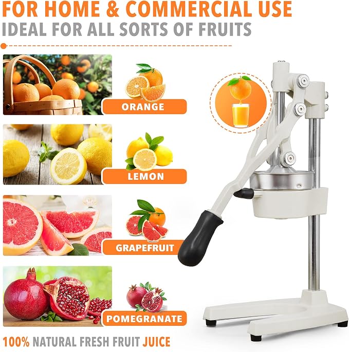 19 Inch Height Extra Tall Commercial Heavy Duty Cast Iron Hand Press Manual Orange Citrus Lemon Lime Grapefruit Pomegranate Fruit Juice Squeezer Machine with Stainless Steel Cup White