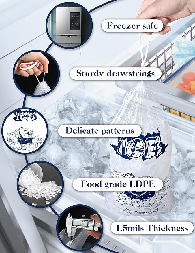 Ice Bags 5lb with Drawstring,50 Pack Plastic Ice Bags for Ice Storage