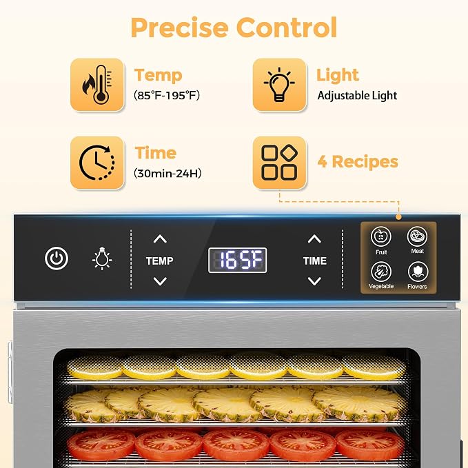 Suteck 800W Food Dehydrator with 12 Trays for Jerky, Fruit, Veg, Meat | Stainless Steel, 4 Presets, Strong Dual Fans & 360° Airflow, 85°F–195°F, 24H Timer, Built-in Light, Quiet