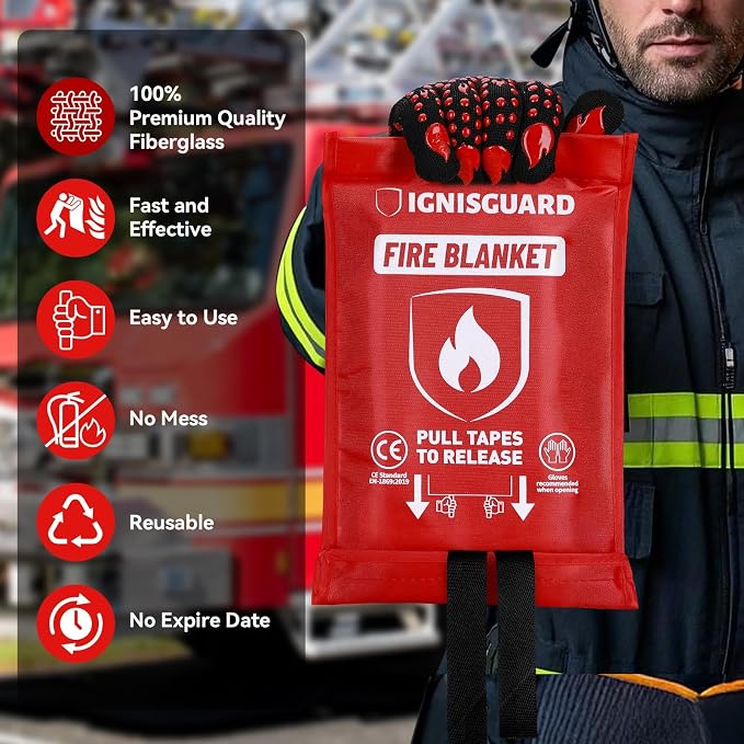 Emergency Fire Blanket for Home and Kitchen, 1-Pack 40"x40" Fiberglass Fire Suppression Blanket for Grease Fires, BBQ Grill, Camping, Car, RV, Office & Home Safety