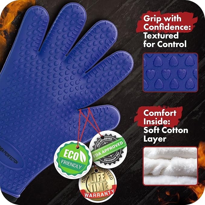 KITCHEN PERFECTION Silicone Smoker BBQ Gloves - Heat Resistant Oven Mitts | Waterproof, 5-Finger Design For A Better Grip, for Pitmasters, Meat Smoking, Grilling, Cooking, Frying Turkey | Grill Gift