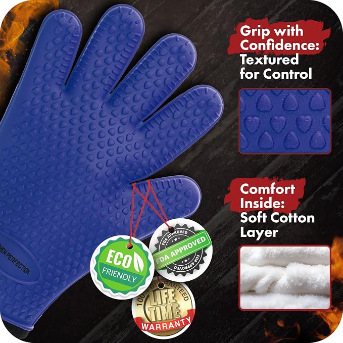 KITCHEN PERFECTION XL Silicone Smoker BBQ Gloves -Heat Resistant Oven Mitts | Waterproof, 5-Finger Design For A Better Grip, for Pitmasters, Meat Smoking, Grilling, Cooking, Frying Turkey | Grill Gift