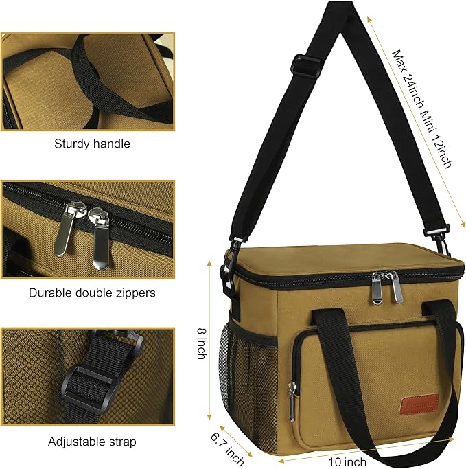 Lunch Bags for Women/Men, Insulated Lunch Bag for Work Office Picnic - Lunch Cooler Bag Leakproof Lunch Box with Adjustable Shoulder Strap - Khaki