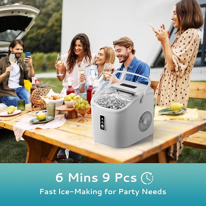 EUHOMY Countertop Ice Maker Machine with Handle, 26.5lbs Per Day, 9 Cubes in 6 Mins, Auto-Cleaning Portable Ice Maker with Basket and Scoop, for Home/Kitchen/Camping/RV (White)