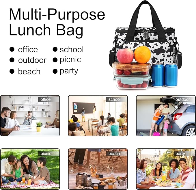 Lunch Bags for Women/Men, Insulated Lunch Bag for Work Office - Lunch Cooler Bag Leakproof Lunch Box with Adjustable Shoulder Strap - Cow print