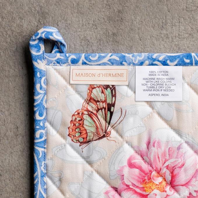 Maison d' Hermine 100% Cotton Oven Mitt & Pot Holder Set (7.5"x13" & 8"x8") | Heat Resistant BBQ Cooking Gloves with Loop Baking Grilling Kitchen Hotel Home Farmhouse Spring Summer - Canton