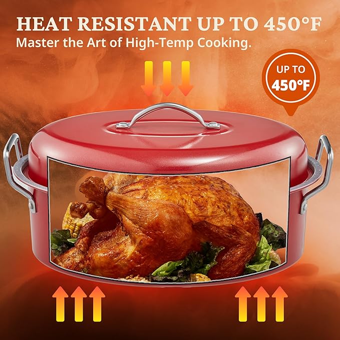BRONYPRO Roasting Pan with Rack, 18-Inch Granite Roaster with Lid, 20 lb Capacity for Turkey, Chicken, and Vegetables, Red