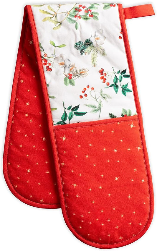 Maison d' Hermine Double Oven Mitts 100% Cotton Double Oven Glove (7"x35") | Heat Resistant BBQ Cooking Gloves with Loop Baking Kitchen Home Hotel Farmhouse Thanksgiving Christmas - Noel