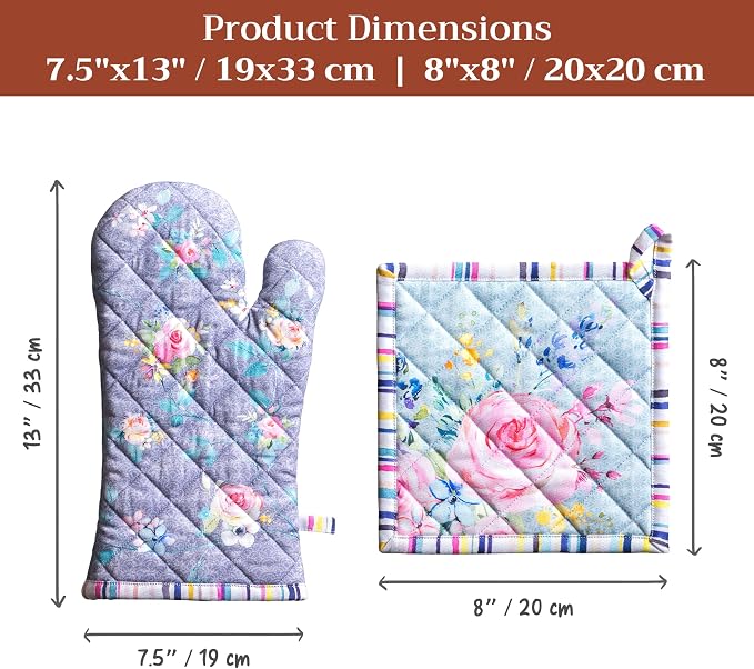 Maison d' Hermine 100% Cotton Oven Mitt & Pot Holder Set (7.5"x13" & 8"x8") | Heat Resistant BBQ Cooking Gloves with Loop Baking Kitchen Hotel Home Farmhouse Spring Summer - Sweet Rose Lavender - Lush