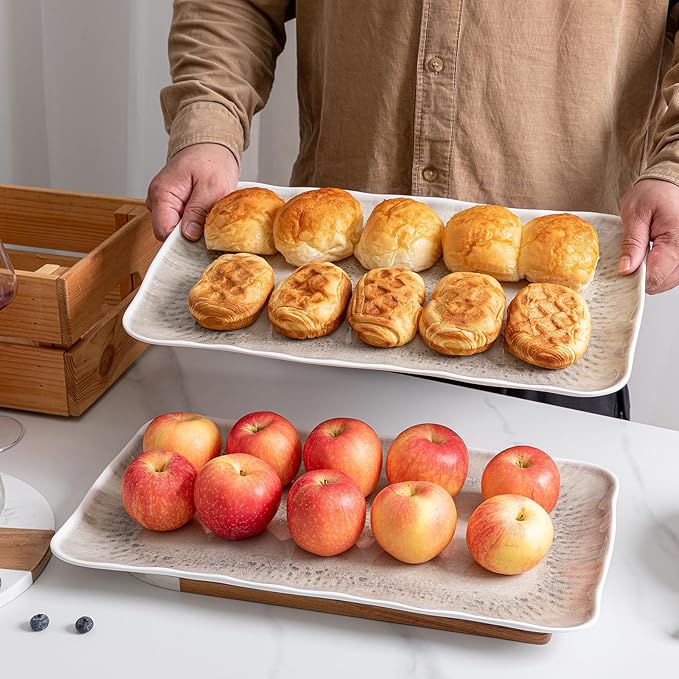 Vintage Melamine Serving Platters, Set of 2, 17'' x 10'' 100% Melamine And BPA Free Farmhouse Large Serving Trays. Warm Gray