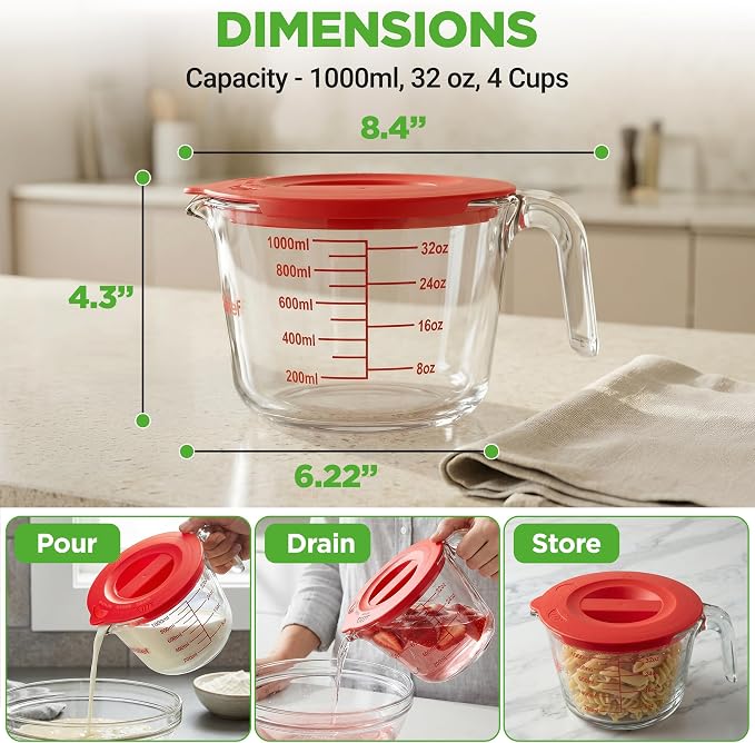 NutriChef 4 Cups Glass Measuring Cup with Lid (34 oz) - Heat-Resistant Borosilicate Liquid Measure Cup with Easy-Read Scale for Cooking, Baking and Food Storage, Dishwasher and Freezer Safe