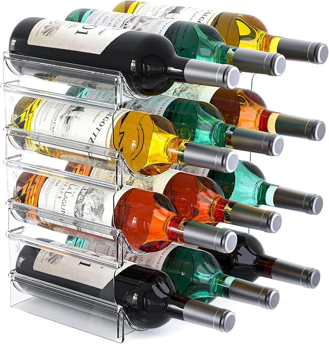 Plastic Water Bottle Organizer and Wine Rack Storage Holder,4 Tier 12 | Containers Stackable Free-Standing Bottle Storage Rack for Kitchen Countertops, Table Top, Pantry, Cabinets, Fridge - Clear