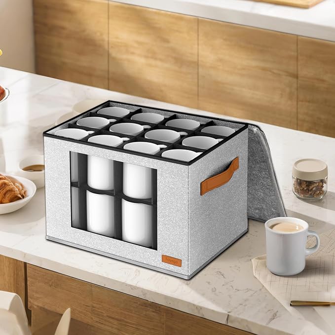 Foyego 2-Layer Coffee Mug Storage Box with Dividers, Cup and Mug Storage Organizer with Zipper Lid and Handles, Stackable Cup Organizer for 24 Coffee Mugs, Cups and Glasses, Light Grey