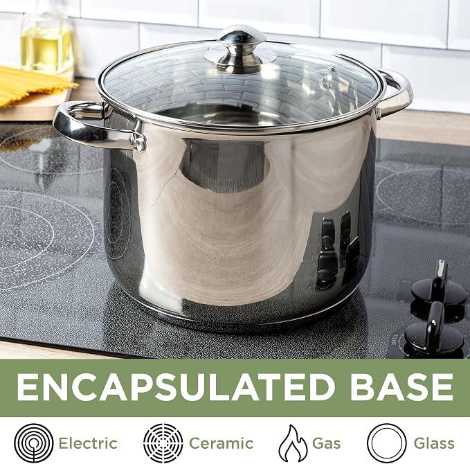 Ecolution Stainless Steel Stock Pot, Encapsulated Induction Ready Cooking Pot with Glass Lid, Oven Safe, Dishwasher Safe Soup Pot, 8-Quart
