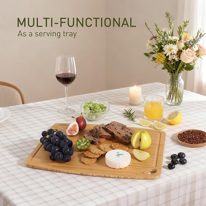 Lightweight Durable Bamboo Cutting Board with Non-Slip Feet, Extra Large Big Wood Cutting Boards for Kitchen with Juice Groove, Wooden Charcuterie & Chopping for Fruit, Vegetables & Cheese