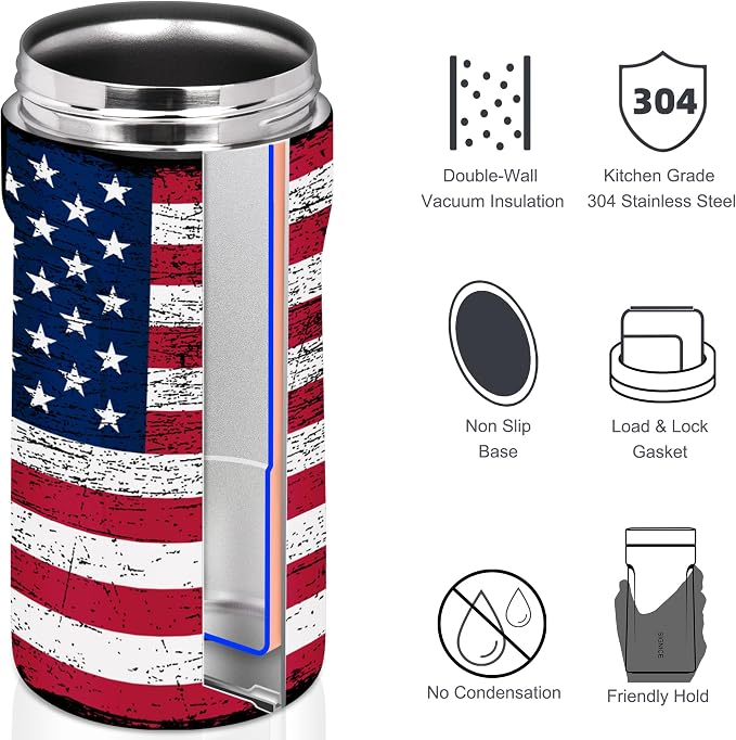 3 In 1 Insulated Universal Can Cooler - Signice Double Walled Vacuum Insulator Stainless Steel Slim Can Cooler for 12 Oz Skinny Tall Standard Regular Can Beer Bottle (Flag)