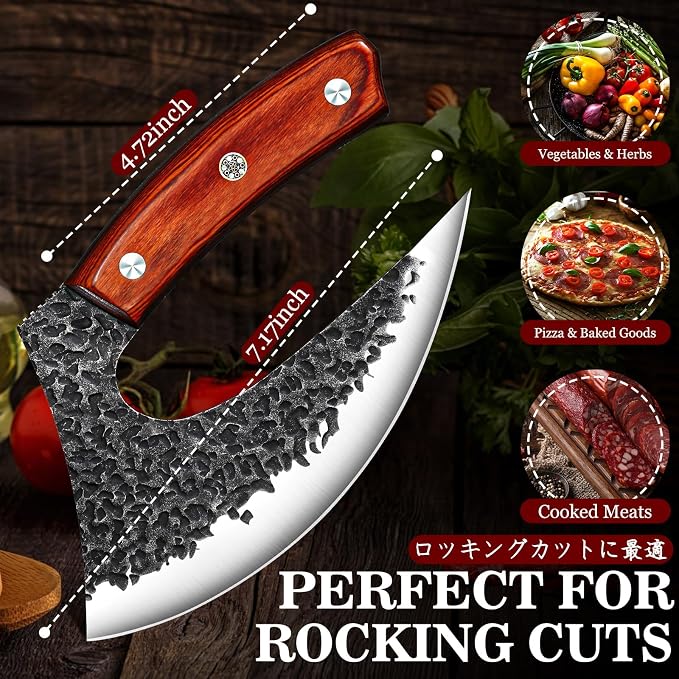 TIVOLI Ulu Knife with Sheath - Mezzaluna Rocker Knife - Pizza Cutter | Hand-forged, Anti-stick Pounding Texture, Full Tang, Rosewood Handle, Belt Sheath, Gift Box, for Kitchen, Camping, BBQ