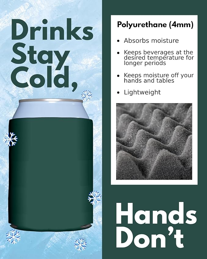 PartyPrints 100 Pack Hunter Green Blank Can Cooler Sleeves, Customizable Bulk Insulated Foam for Beer, Collapsible Plain Drink Holder, Cold Soda Insulator, 12oz Regular, 16oz Tall Cans
