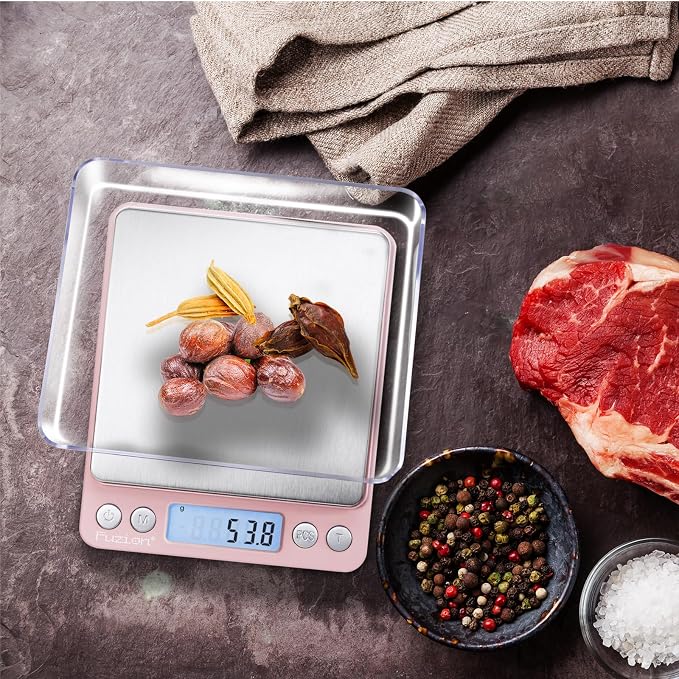 Fuzion Small Gram Scale 3000g, Digital Kitchen Food Scale, Gram and Ounce | 0.1g Accuracy, 6 Modes, 2 Trays Included, Tare Function, Piece Counting, For Food, Coffee, Cooking, Herb, Reptiles, Coins