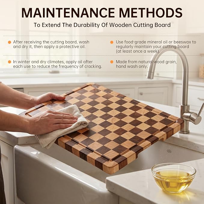 Cutting Boards for Kitchen, Checkered Cutting Board Upgraded, Acacia Wood Chopping Board with Juice Grooves & Handles, Large Butcher Block Serving Tray with Gift Box, 17"X12"X0.8"