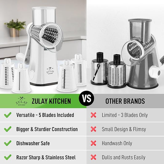 Zulay Kitchen Rotary Cheese Grater 5 Blade Cheese Shredder - Manual Hand Crank Cheese Grater With Reinforced Suction & 5 Interchangeable Drums - Easy to Use, Vegetable Chopper Round Mandoline Slicer