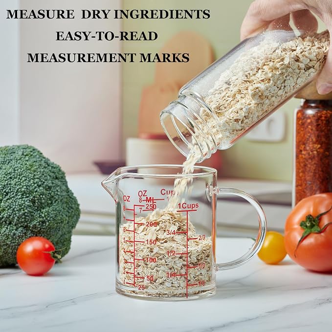 Ackers Mirror Graduated Glass Measuring Cup - [Insulated Handle | V-Shaped Spout] - High Borosilicate Glass Measuring Cup for Kitchen or Dining, Easy to Read, 250ml (8oz, 1 Cup)