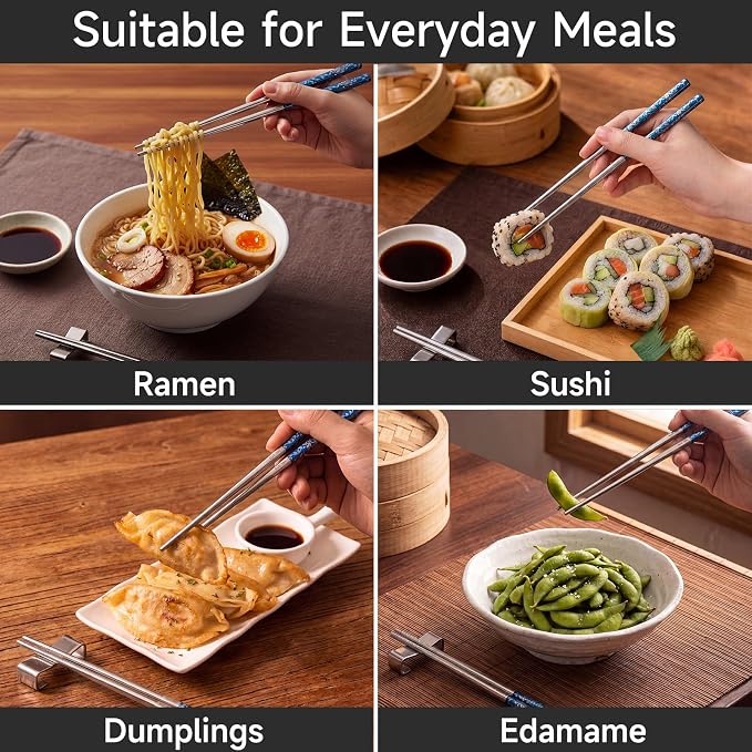 JEETEE Metal Chopsticks, 2 Pairs Stainless Steel with Holder | Titanium Coated, Anti-Slip Design, Reusable,Dishwasher Safe, for Sushi, for Ramen, for Camping, for Party