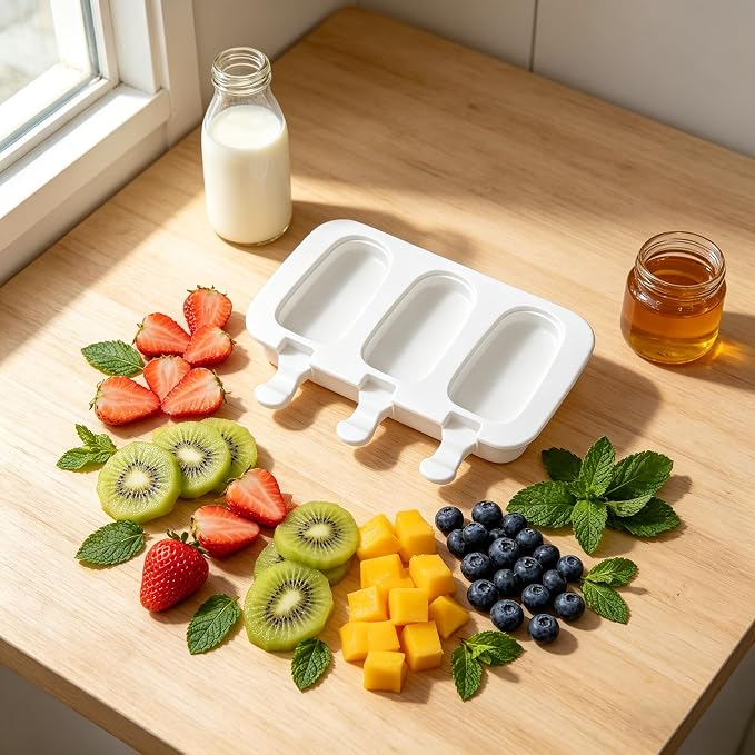 3 Pack Silicone Popsicle Molds with Lids, Cakesicle Ice Cream Mould, White | 3 Cavities per Mold, Food Grade Silicone, Includes 100 Wooden Sticks & 100 Bags, for Cake Pops, Ice Cream, Homemade Desserts