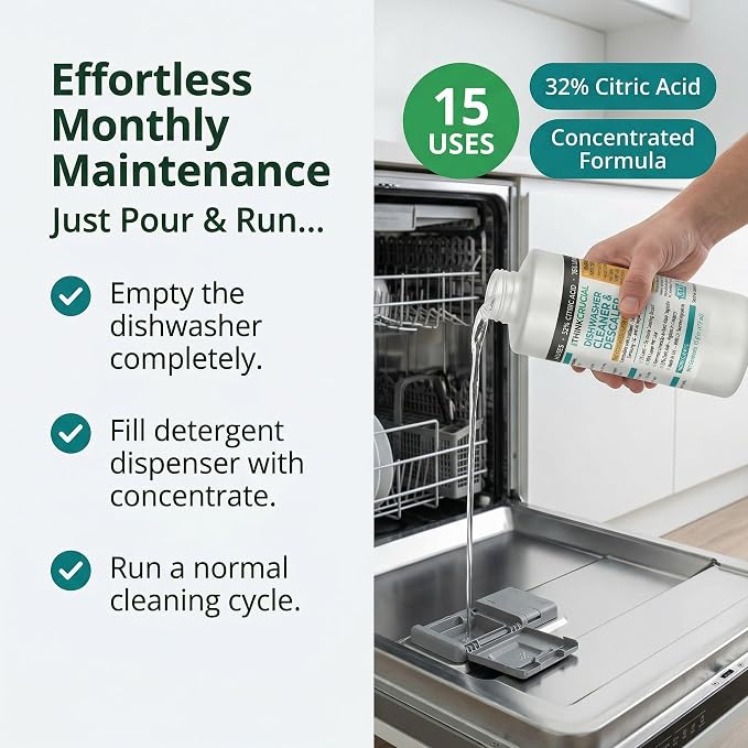 Think Crucial Dishwasher Cleaner & Descaler, 15 Uses, 75% Savings Per Use – 32% Citric Acid Liquid Concentrate – Whirlpool, Bosch, KitchenAid, Samsung, LG – 16 FL OZ