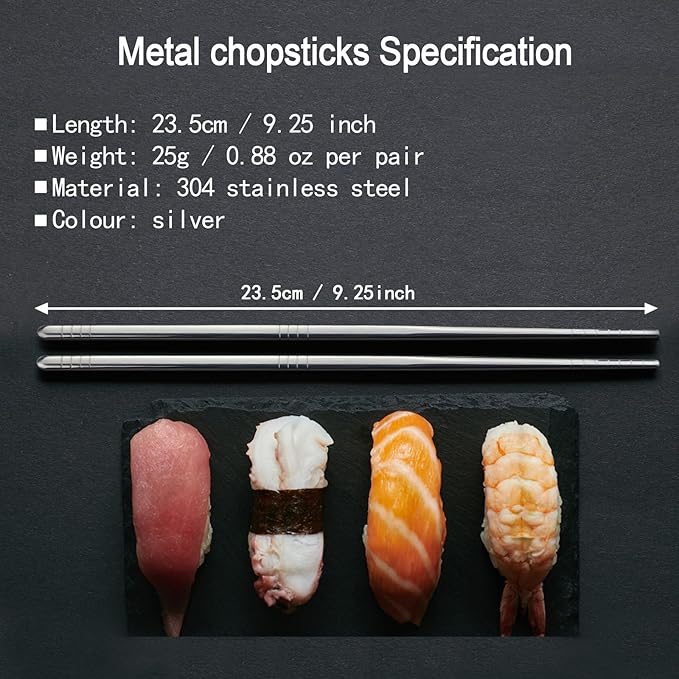 IQCWOOD 304 Stainless Steel Chopsticks 5 Pairs, Lightweight Non-Slip Metal Chopsticks Reusable, Stylish Korean Japanese Style, Dishwasher Safe 9.25" Restaurant Quality Gift Set for Family (Silver)