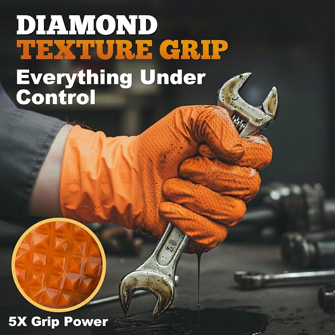 TitanFlex Heavy Duty Industrial Orange Nitrile Gloves, 8-mil, Gloves Disposable Latex Free with Raised Diamond Texture Grip, Powder Free, Rubber Glove, Mechanic Gloves,50-ct Box (XXL)