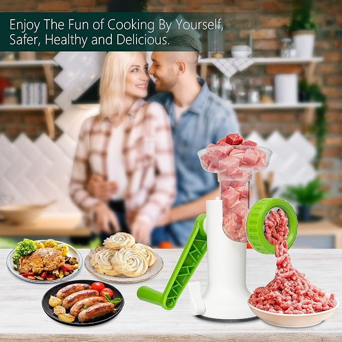 Manual Meat Grinder, Heavy Duty Meat Mincer Sausage Stuffer,Hand Grinder with Stainless Steel Blades for Meat, Sausage, Cookies,Green(3 in 1, with table clamp)