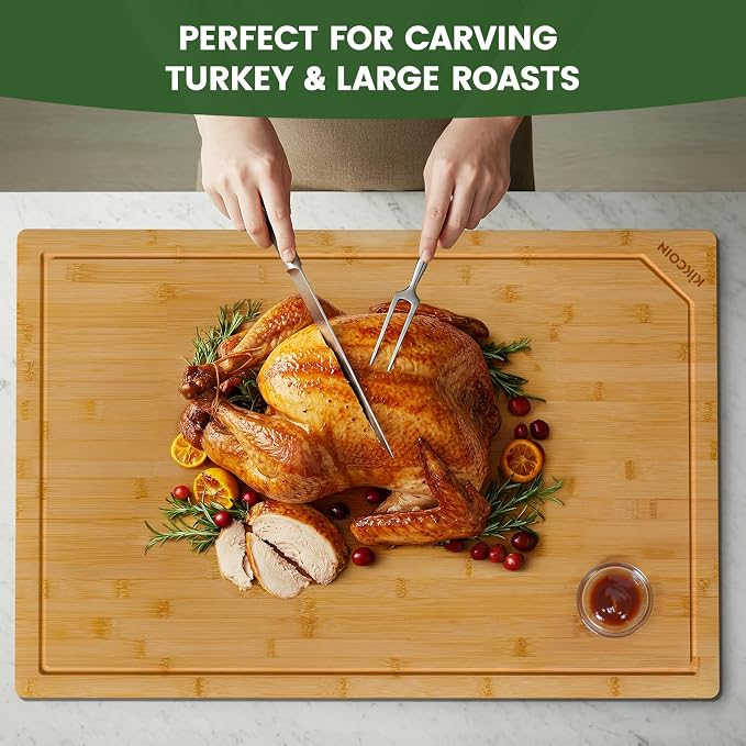 Kikcoin 36”×24” Bamboo Cutting Boards for Kitchen, Heavy Duty Wooden Cutting Boards, Healthy Extra Large Chopping Boards with Deep Juice Groove and Handle, Oversized Stove Top Cover, Natural