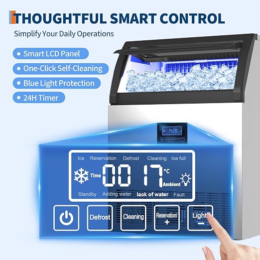 Commercial Ice Maker Machine 250lbs/24h, 60lbs Storage, 50 Ice Cubes/15 Mins, Adjustable Thickness, Built-in/Freestanding Ice Maker Self-Cleaning ETL Certified for Home Bar Restaurant