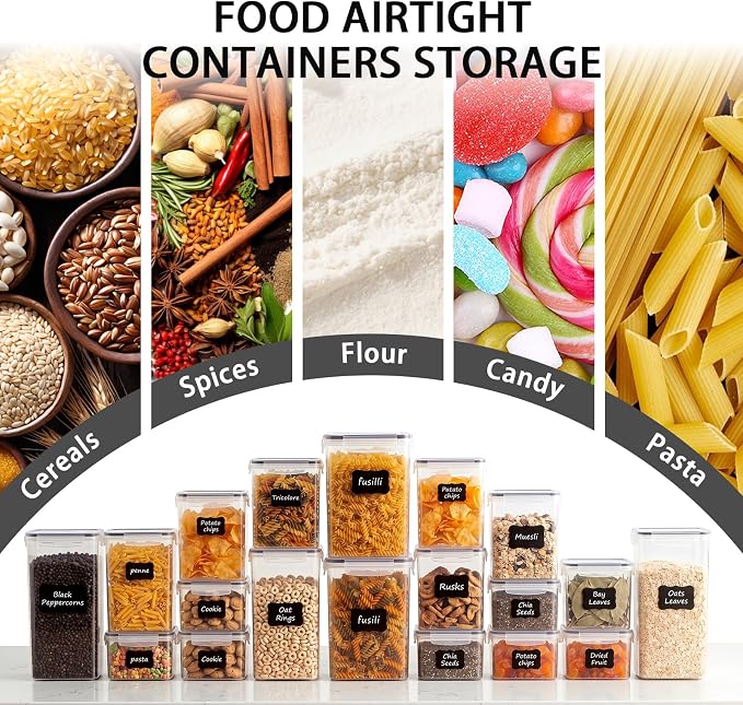 9 PCS Airtight Food Storage Containers with Lids, Plastic Kitchen and Organization Canisters for Cereal, Dry Food, Flour and Sugar, BPA-Free, PVC-Free, Includes Labels & Marker