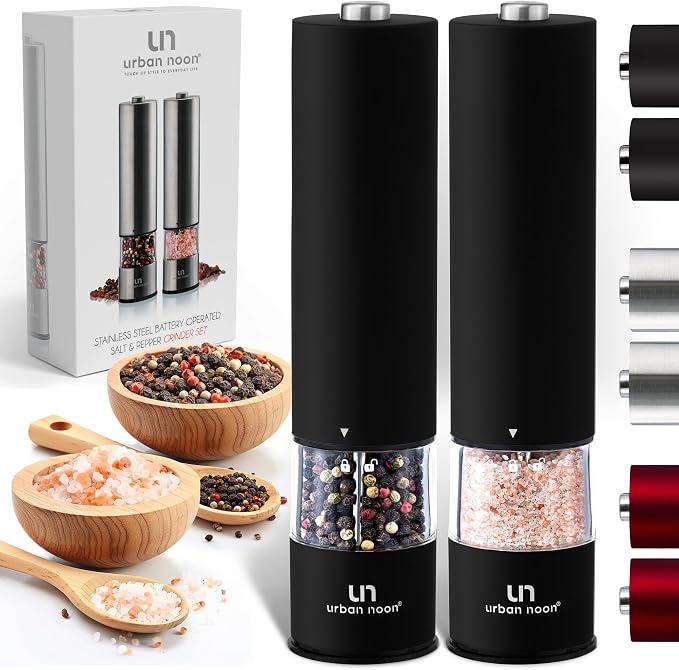 Urban Noon Electric Salt and Pepper Grinder Set (2 Mills, 8.1" Tall) - One-Handed Push-Button Mills with LED Light, Adjustable Ceramic Coarseness, Gift-Ready Box, 1-Year Warranty - Black