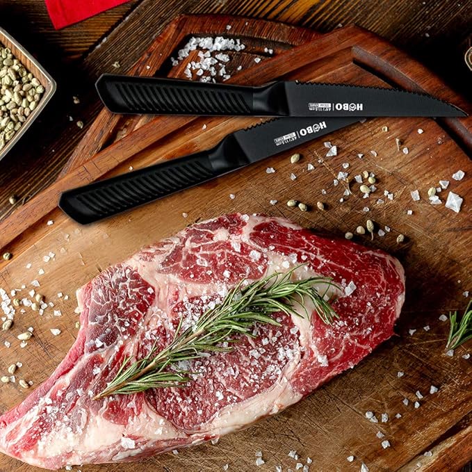 Knife Block Set, 15 Piece Kitchen Knife Set with 6 Steak Knife Set with Sharpener Chef Knife High German Carbon Stainless Steel Knife with Wooden Block Bread Knife Boxed | 6 Pieces Steak Knives, with Sharpener and Wood Block, German Steel